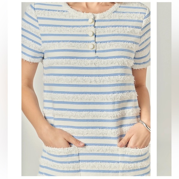 ENGLISH FACTORY Fringe Striped Polo Blue and White Mini Dress - Picture 3 of 5